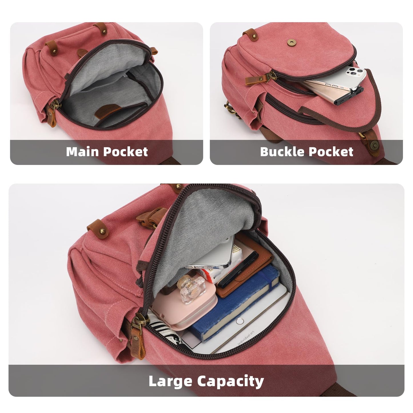 KouLi Buir Canvas Sling Bag,Small Crossbody Backpack,Convertible Chest Bag Casual Daypack For Outdoor Cycling Hiking Travel (Rust Red)