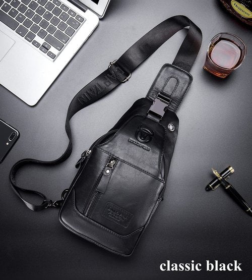 BULLCAPTAIN Genuine Leather Men's Sling Shoulder Backpack Multi-pocket Crossbody Chest Bags Travel Hiking Daypack with Earphone Hole (Black)