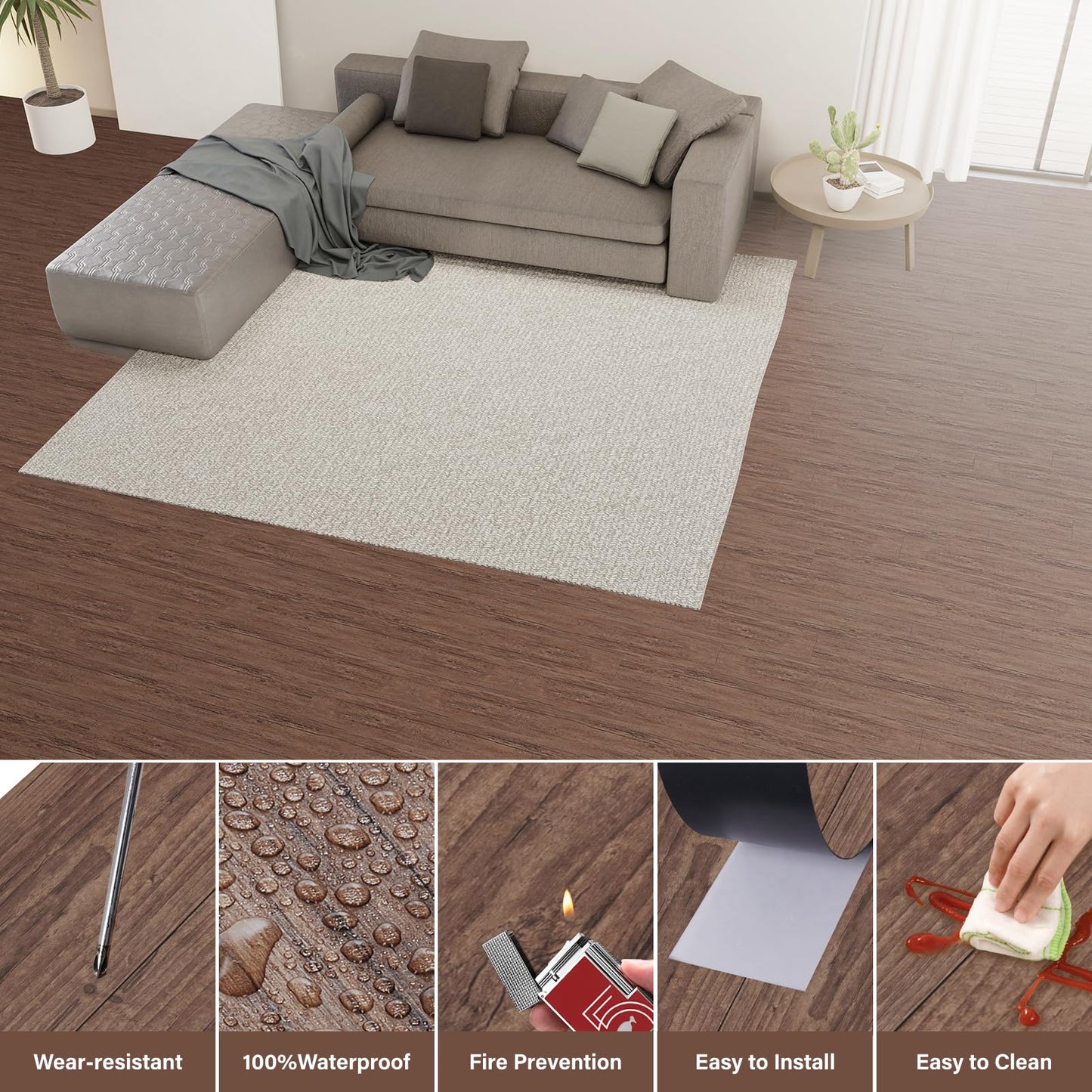 Peel and Stick Floor Tile, INMOZATA 36-Pack 54 Sq.Ft Self Adhesive Vinyl Plank Flooring Wood Grain Look 36x6 Inch Waterproof Tile Sticker for Bedroom, Living Room, Kitchen, RV (Natural Walnut)