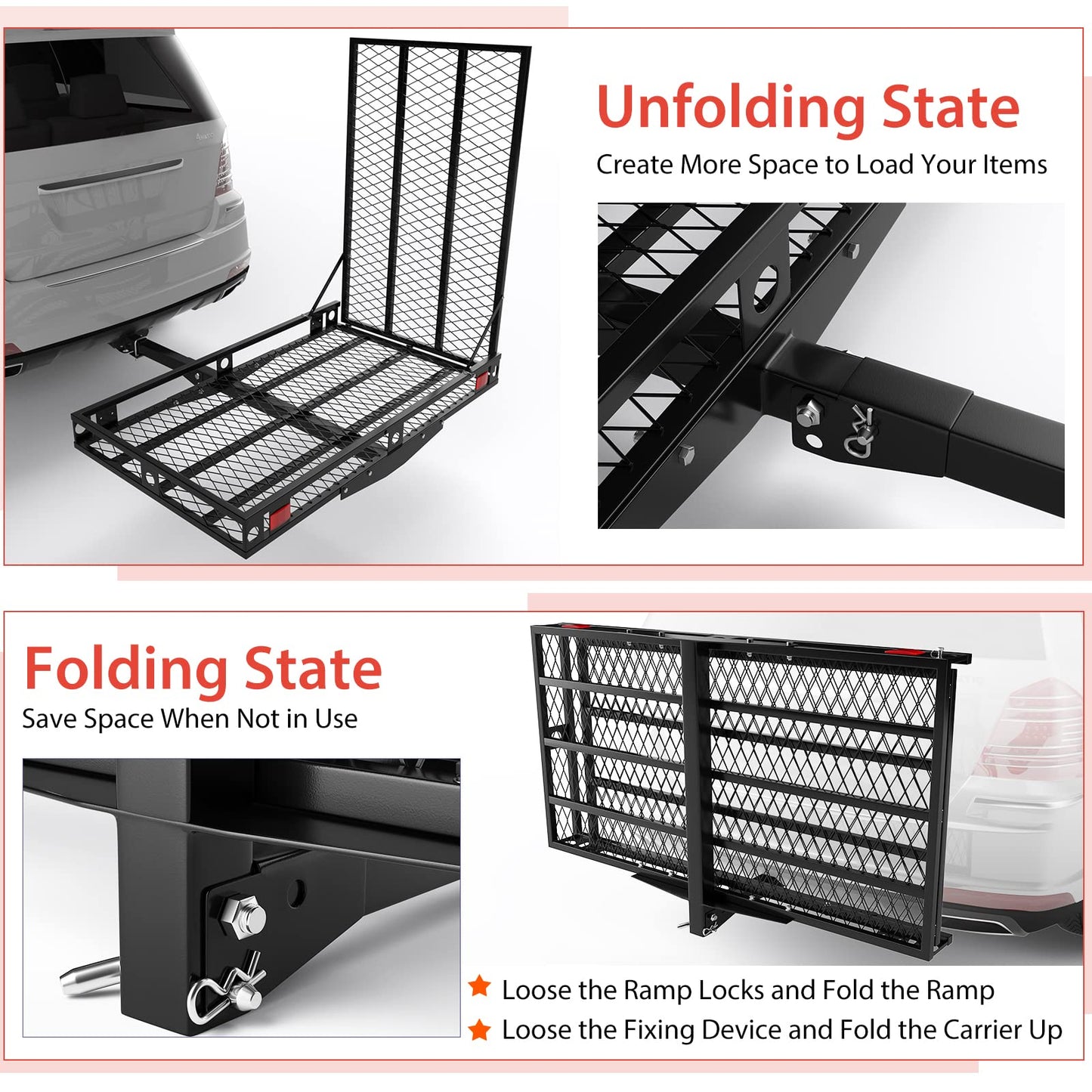 Goplus Mobility Scooter Carrier, 50” x 29.5” Folding Wheelchair Carrier for Car with 42” Ramp, Stabilizer & 2 Tie Down Straps, 500 LBS, Fit 2" Hitch Receiver, Hitch Cargo Carrier for SUV Car