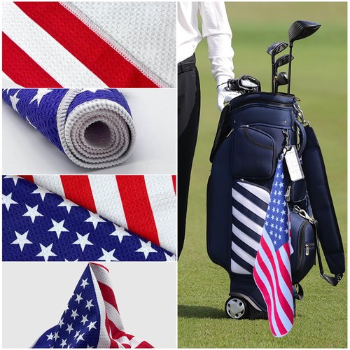 Solvora 2 Pack American Flag Golf Towels, Microfiber Waffle Golf Towel, Suitable for Men's Golf Gifts