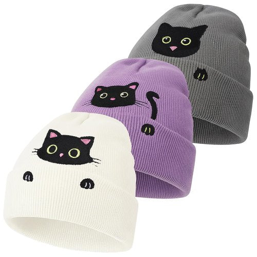 Zhamate Women's Cat Beanie Hats 3 Pack Cute Y2k Cat Lovers Gifts Winter Embroidered Animal Knitted Hats for Women Girls