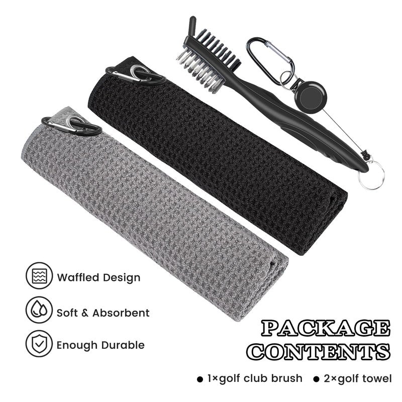 Seticek 2 Pack Golf Towel (16" X 16") with Club Brush, Microfiber Waffle Pattern Golf Towels for Golf Bags for Men,Essential Golf Combo Cleaning Kit (Black+Gray)