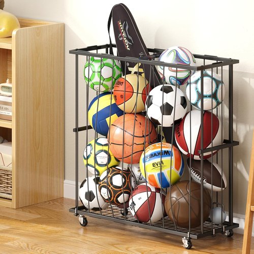 Hencawima Ball Storage Rack - Freestanding Sports Equipment Organizer for Garage & Gym | Black