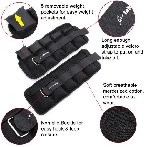 Inhomest Adjustable Ankle Weights 1-10 Lbs Leg Weights for Men Women,Wrist Ankle Weights for Physical Therapy,Yoga Pilates,Workout,Walking,Jogging,Each Pack 1-5 lbs, Total 10LBS Pair, Black