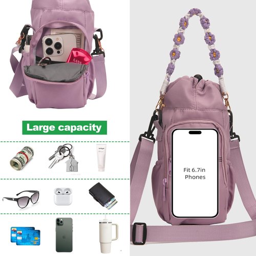 Wongeto Water Bottle Holder with Strap,25oz/40oz/64oz Water Bottle Carrier Sling Bag with Phone Pocket Crossbody Adjustable Shoulder with Hand Strap for Walking(Purple)