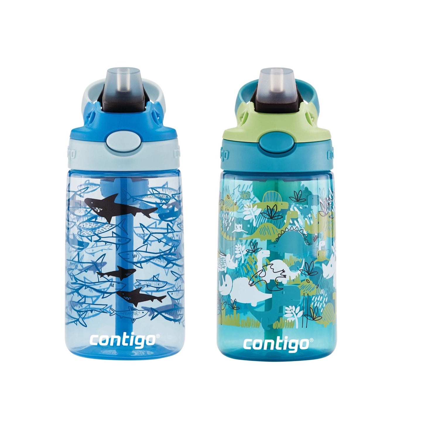 Contigo Aubrey Kids Water Bottle,14oz,Dinos & Sharks,Spill-Proof Lid,Dishwasher Safe,Blue & Green,(Pack of 8)