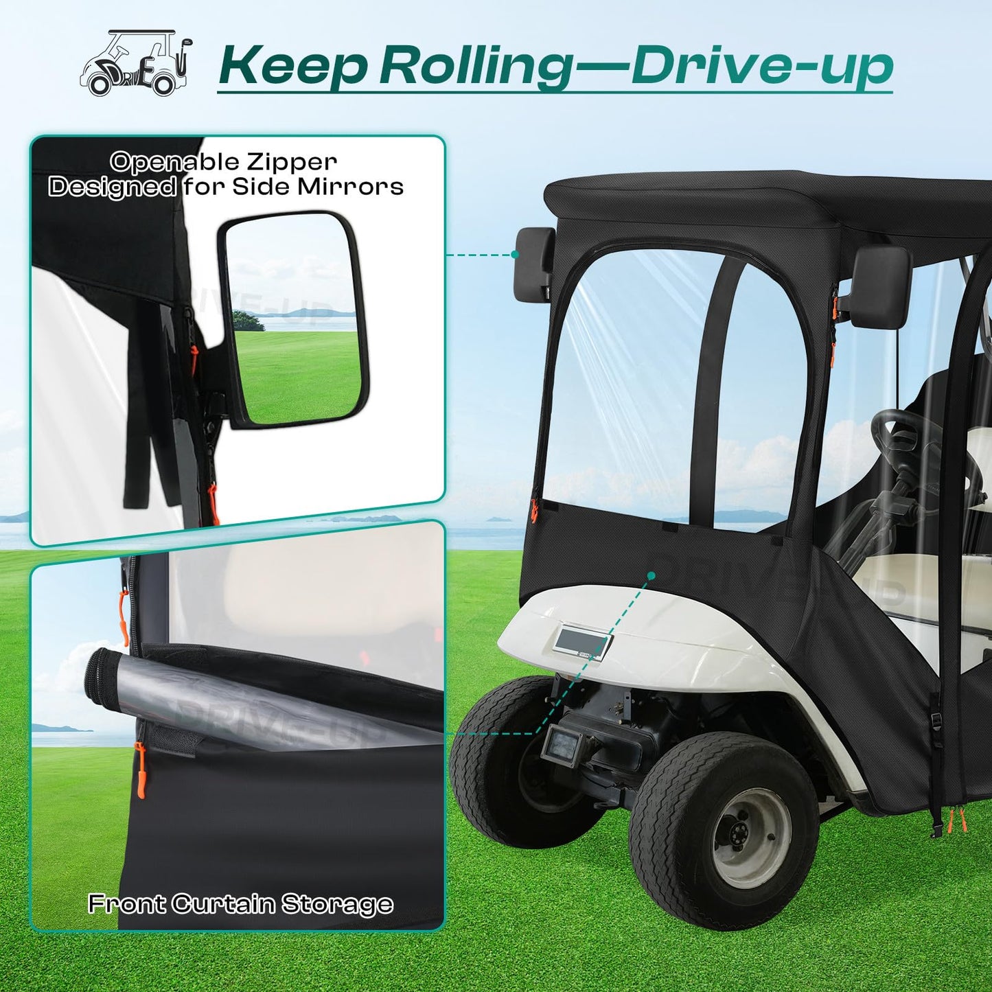 DRIVE UP Upgraded EZGO Driving Enclosure, Golf Cart Enclosure Fits for 2 Passengers EZGO RXV and TXT Golf Cart, 600D Waterproof Golf Cart Rain Cover with 2 Zippered Doors & 4-Sided Clear PVC Windows