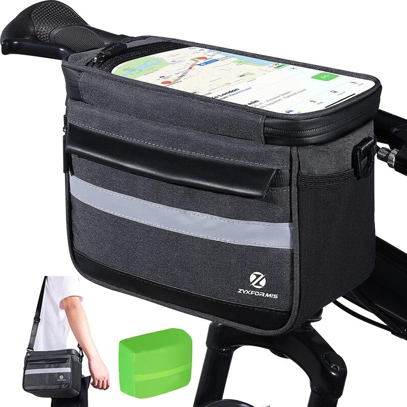 Zyxformis Bike Handlebar Bag, 6L Phone Cycling Mount Front Bags with TPU Touch Screen Phone Holder, Water Resistant Bicycle Storage Bag Bicycle Basket with Reflective strip for Bike Scooter E-bike