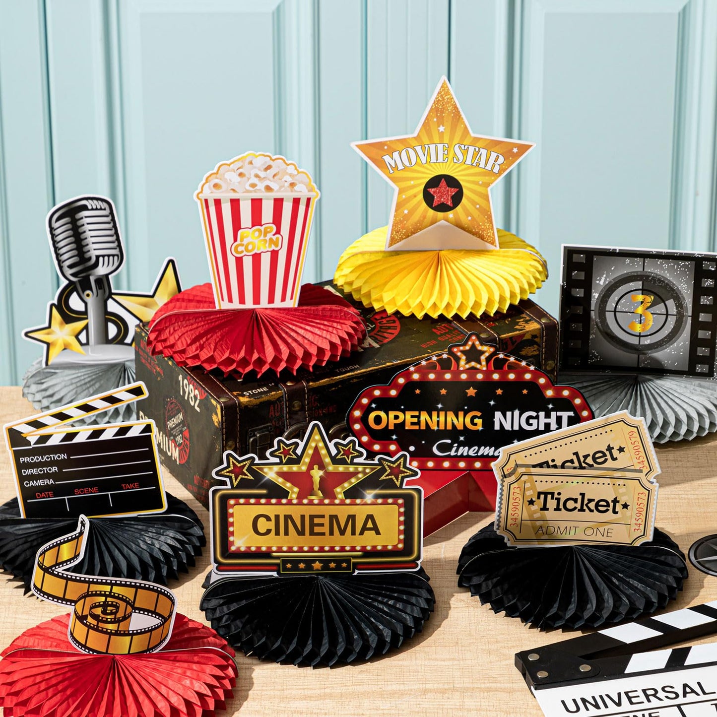 Chinco 12 Pieces Movie Night Party Decorations Supplies Movie Theater Honeycomb Centerpiece 3D Microphone Ticket Star Video Paper Centerpiece Sign Table Decoration for Theater Birthday Party Favors