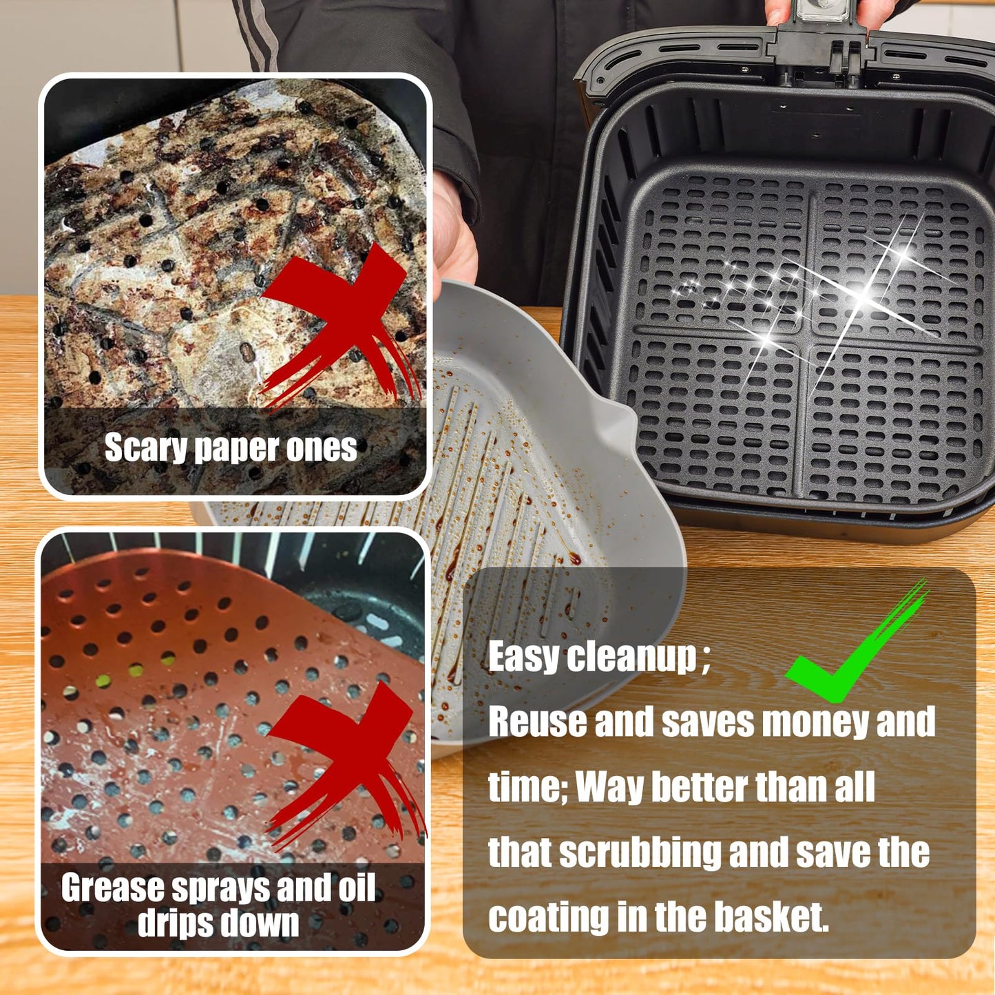 Golden Associate Silicone Liners Square for Air Fryer, 2 Pcs Non-stick Food-grade Reusable Basket Silicone Pot Baking Tray Airfryer Accessories, Top Size 8 inches, Bottom Size 7 inches, Grey