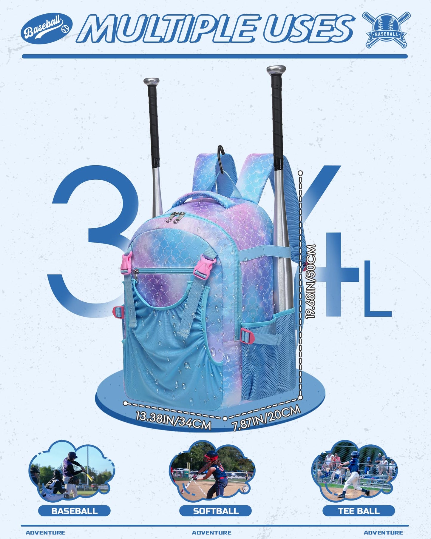 FOKDUVB Baseball Softball Backpack for Kids Boys Girls 6-8 8-12 12-14 Large Youth Bat Bag for Gear Storage Baseball Softball Tball Equipment Back Pack with Separate Shoe Bag (Blue/Purple, Mermaid)