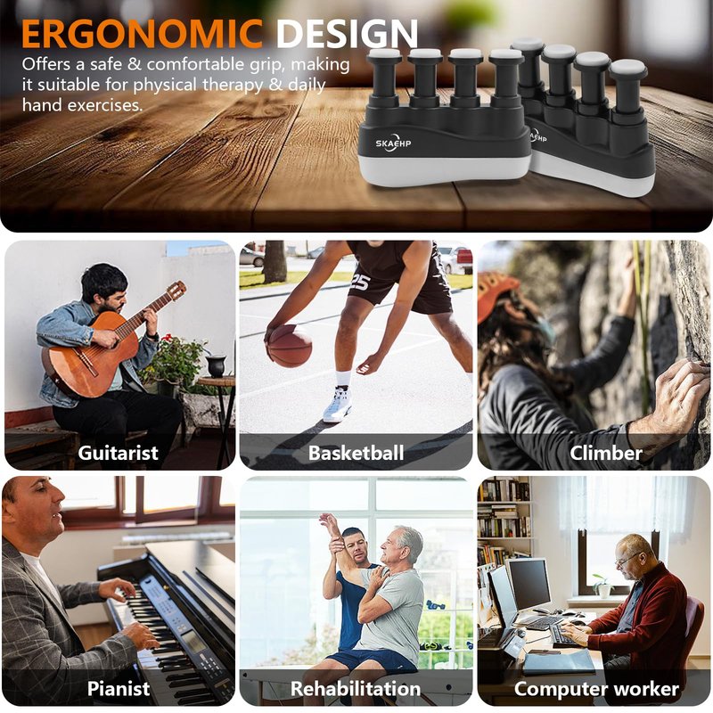 Hand Exerciser - Improves flexibility and strength in fingers, hands, and forearms - Adjustable tension for each finger - Simulated guitar strings help develop calluses - Comfortable workout (Black and White)