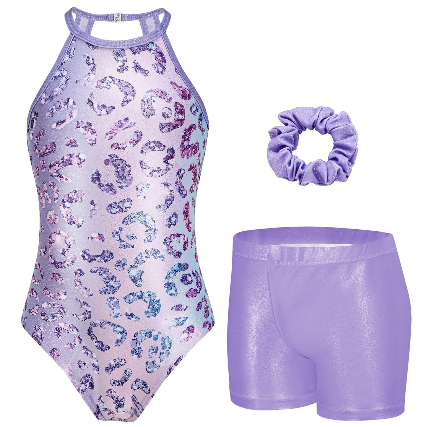 Zaclotre Girls Gymnastics Outfit Sparkly Sleeveless Clasp Back Dance Leotard with Gym Shorts Purple Leopard 7-8Y