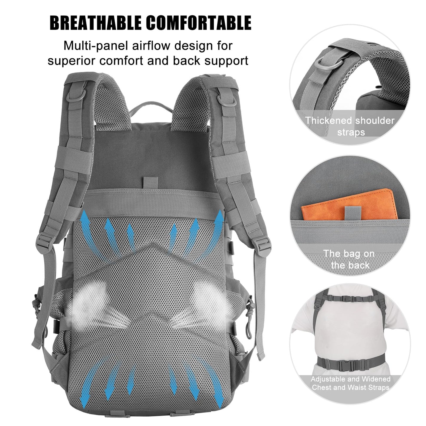 kookoomia Military Tactical Backpack 50L Large Day Backpack for Men Molle Army 3 Days Assault Pack Bug Out Bag Water Resistant and Heavy Duty Hiking Treeking Rucksack - Grey