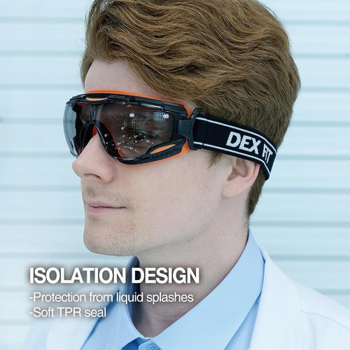 DEX FIT Safety Goggles - Wide-Vision Lab & Chemical Splash Protection | Anti-Fog, Scratch Resistant, Black/Orange, Smoke Lens