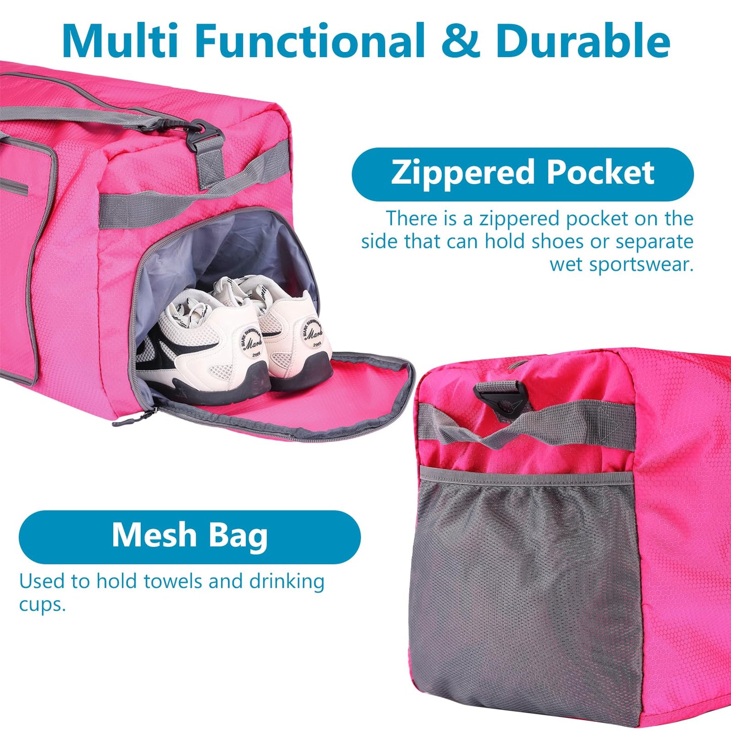 60L Duffle Bag with Shoes Compartment - Foldable&Large Capacity Travel Duffel Bags, Lightweight & Water-Resistant Gym Bag - Rose