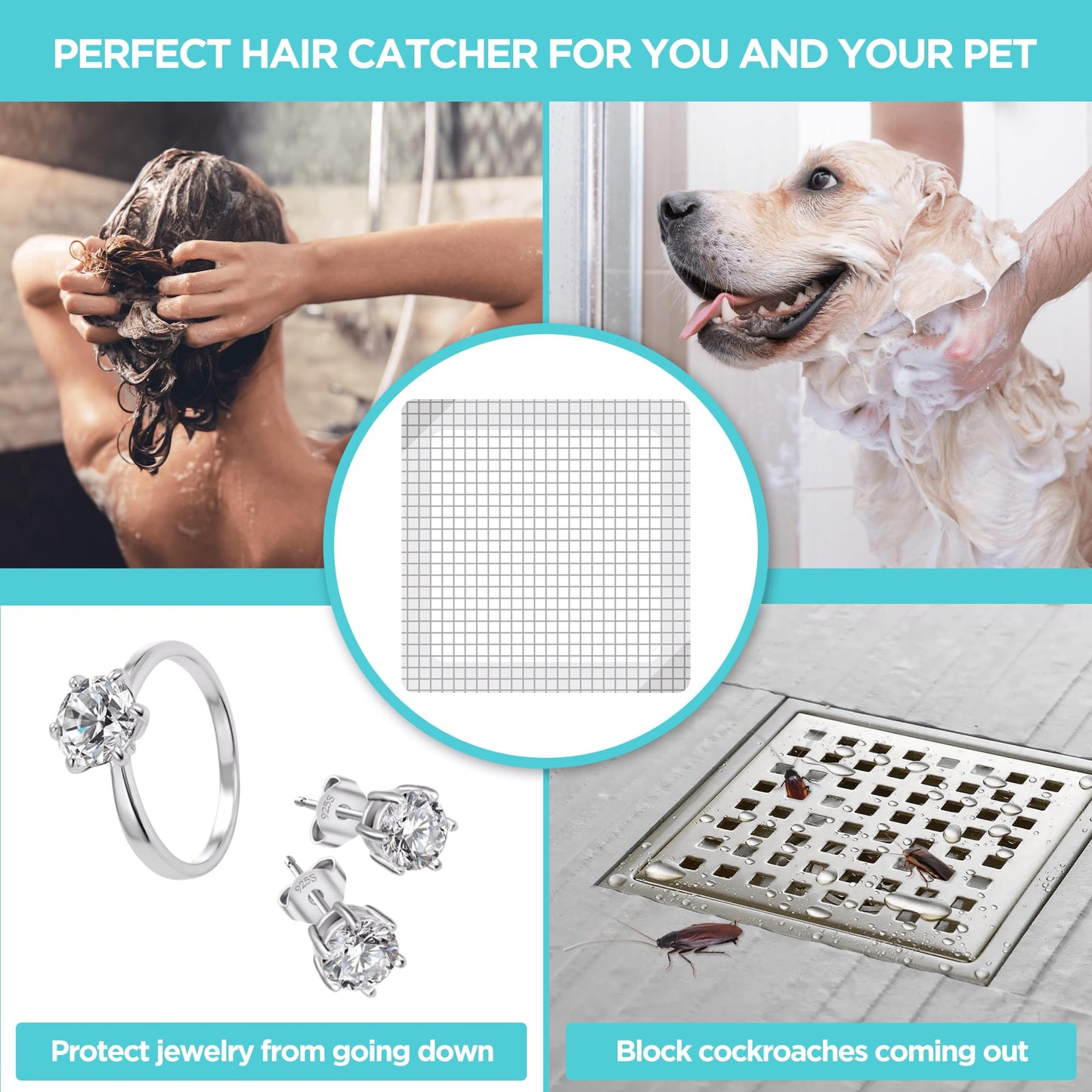 Aire Allure, 25 Pack, Disposable Shower Drain Hair Catcher Mesh Stickers, 6 inch, Square