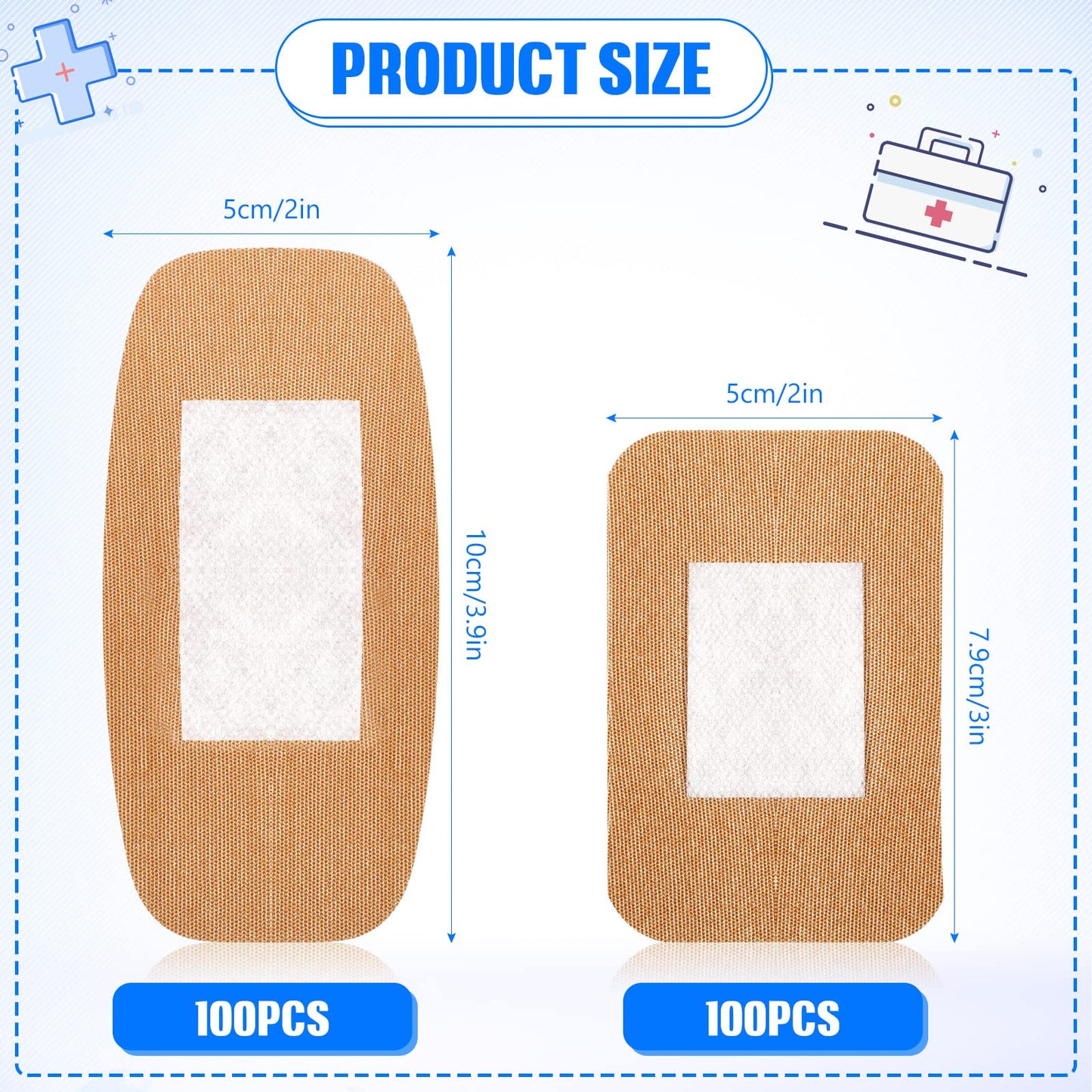 BBTO 200 Pcs Large Assorted Bandages 2 Styles Flexible Fabric Adhesive Bandages Bulk Wounds Care First Aid Supplies Fingertip Adults Wrap Skin 4 x 2'' and 3 x 2''