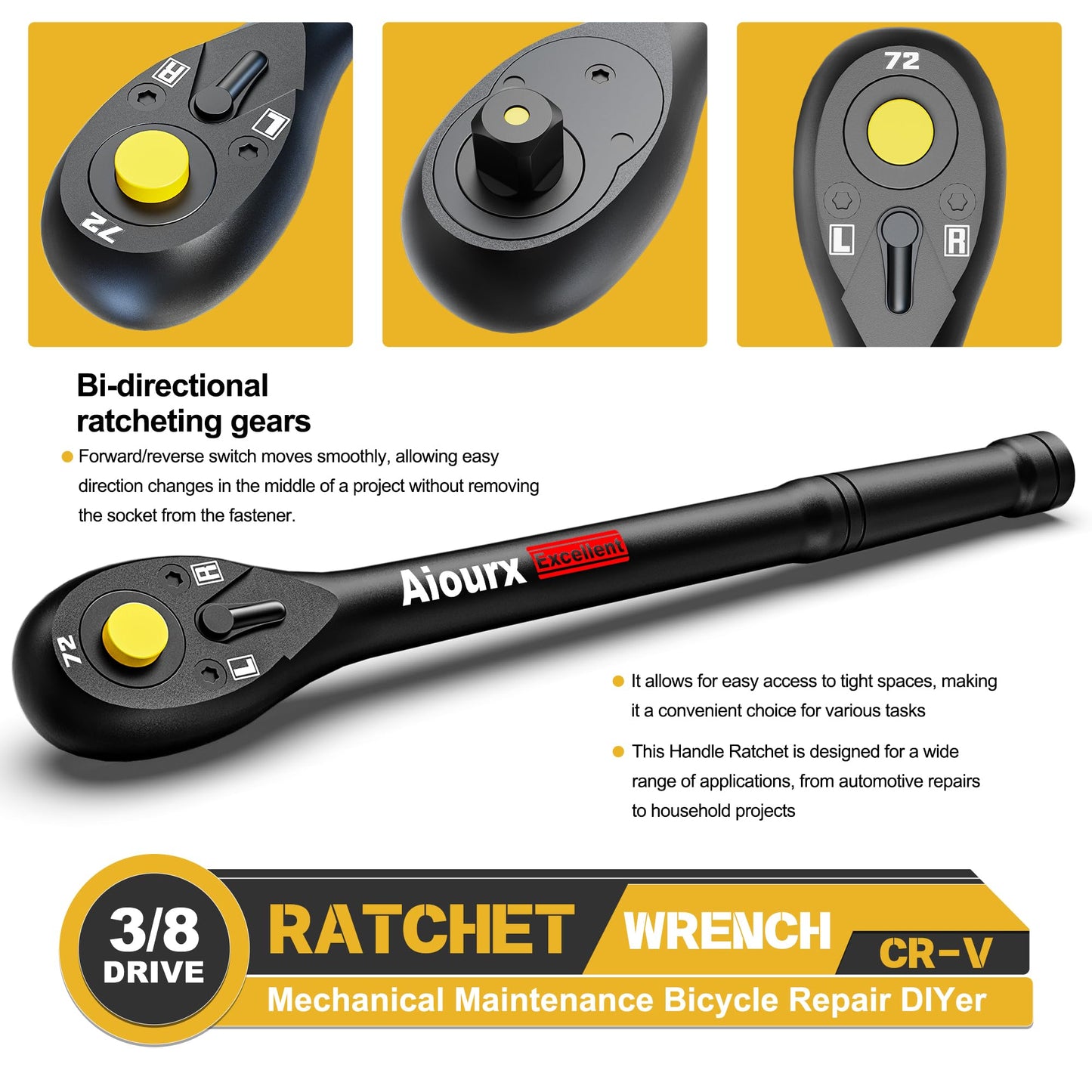 Aiourx 3/8" Drive Ratchet, 72-Tooth Ratchet Handle, 9 Inch Quick Release Reversible Ratchet Wrench, CR-V Steel, Mechanical Maintenance, Automobile and Motorcycle Repair