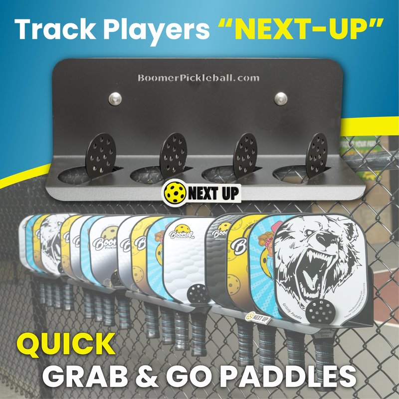 45D Pickleball Paddle Rack | Holds Four Paddles at a 45-Degree Angle Making All Paddles Visible | Track Players “Next-Up” | Heavy-Duty Steel Finished in Black Weather-Proof Powder Coating