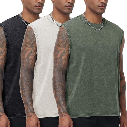 Flygo Men's Sleeveless Workout Tank Tops - Cotton Muscle Tees for Gym | Acid Wash Design