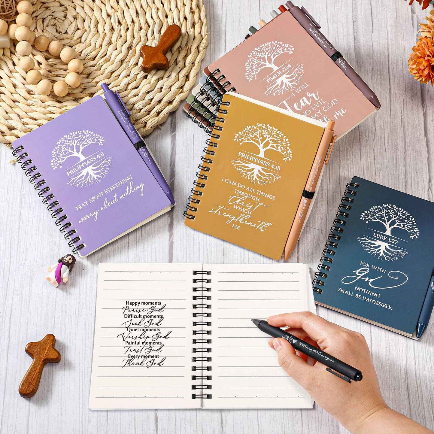 Kosiz 60 Pcs Christian Gift Bulk Prayer Journal Bible Verse Spiral Notebook with Ballpoint Tree of Life Religious Gift for Church Clergy Pastor Appreciation Sunday School Teacher (Neutral Color)
