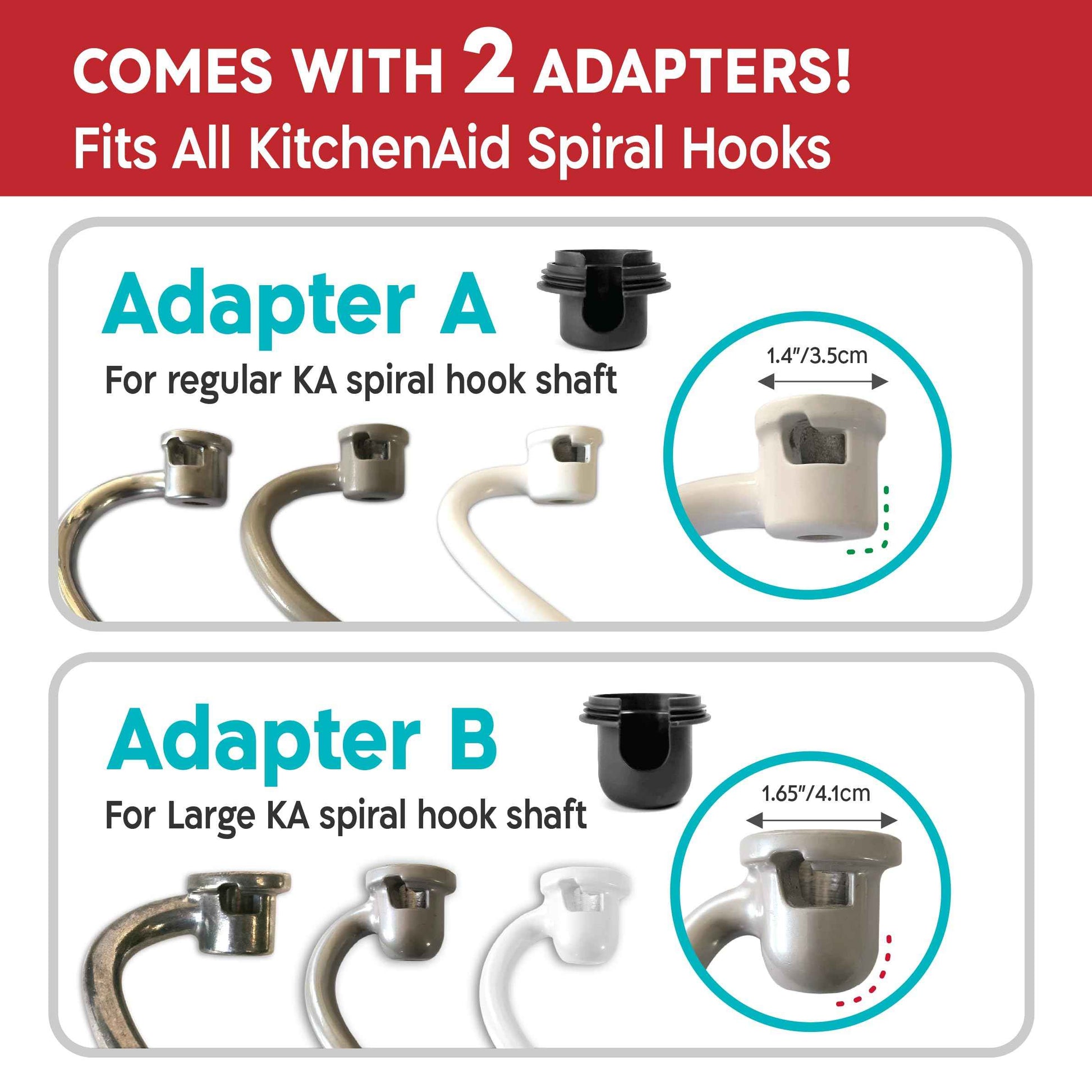 KneadAce Spiral Dough Hook Shield For kitchenaid Mixer-Prevents Dough from Clogging Your Bowl Lift Mixer- Compatible With KitchenAid Dough Hook. (With 2 Adapters-Fits All KA Spiral Hooks)