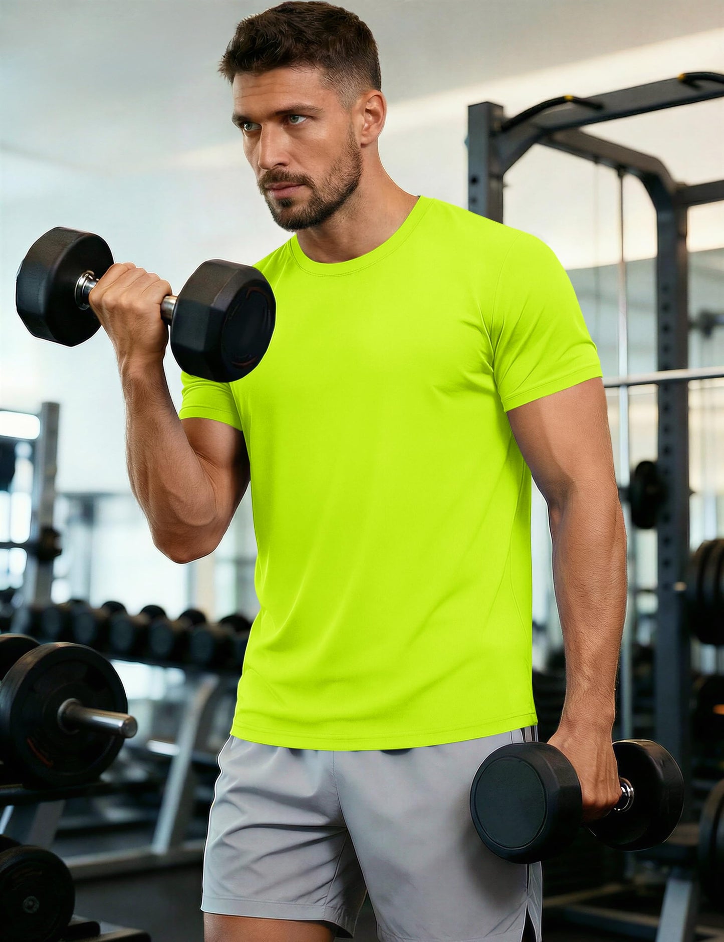 MAGCOMSEN 2 Pack Athletic Short Sleeve Shirts for Men UPF 50+ Dry Fit Moisture Wicking Running Gym Workout T Shirt Casual Neon Work Shirts Fluorescent Green