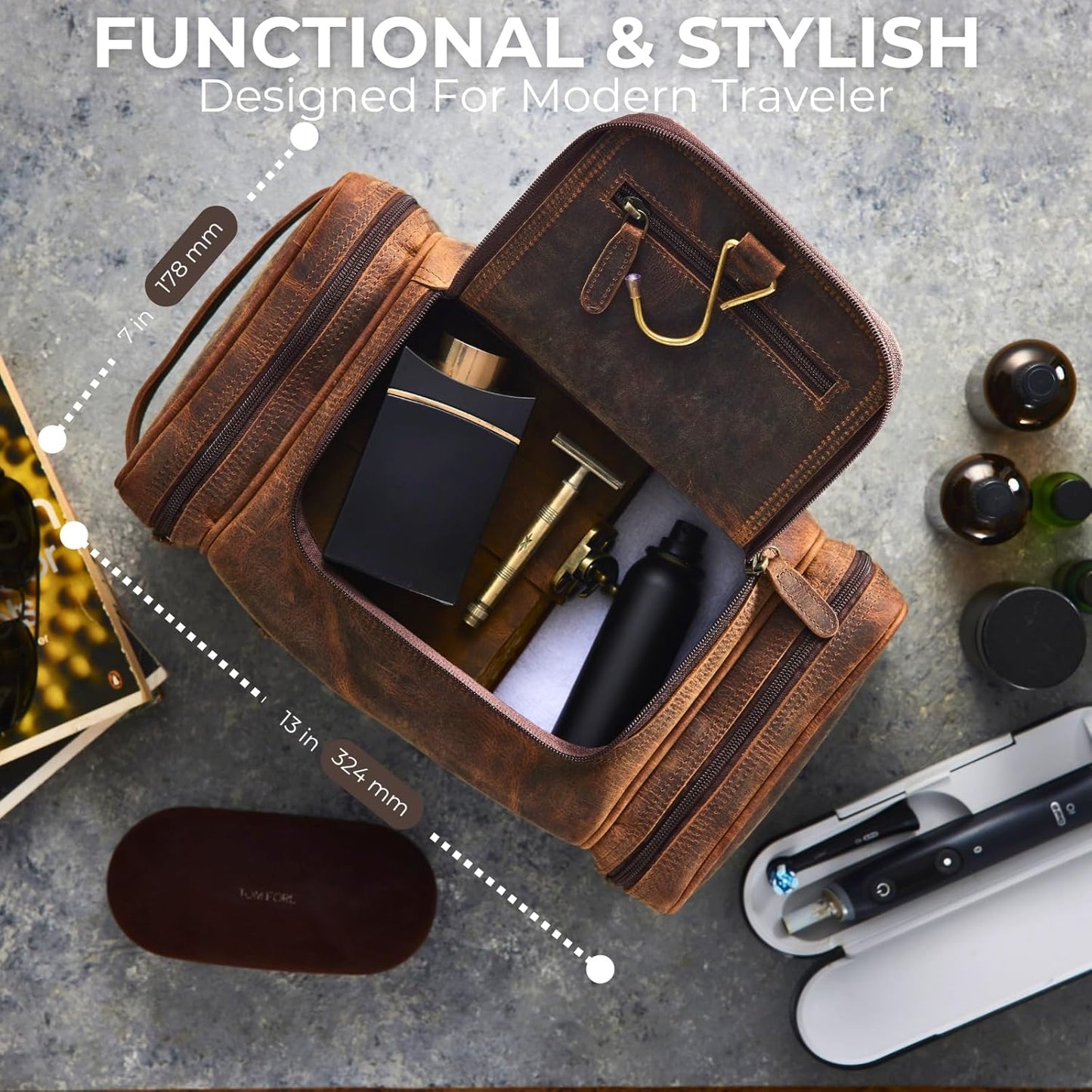 NomadCraftsCo. Extra Large Leather Toiletry Bag - Premium Travel Dopp Kit for Men, Stylish Organizer