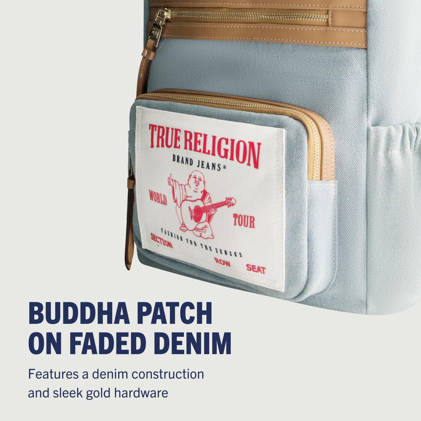True Religion Backpack, Buddha Patch Bag with Horseshoe Logo and Zip Pocket Travel Bag, Denim