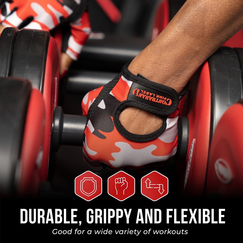 Contraband Pink Label 5217 Women's Design Series Camo Print Lifting and Rowing Gloves (Pair) - Lightweight Vegan Medium Padded Microfiber Amara Leather w/ Griplock Silicone (Red, Medium)