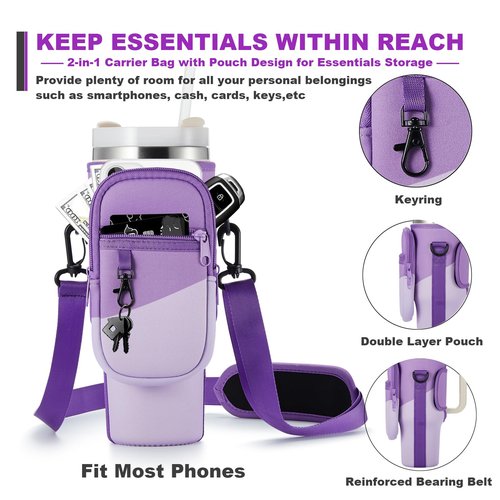 BULKITEM Water Bottle Carrier Bag with Phone Pocket for Gradient Purple Stanley 40 oz Tumbler with Handle, Insulated Neoprene Cup Holder Pouch Strap for Valentines Stanley Cup Accessories