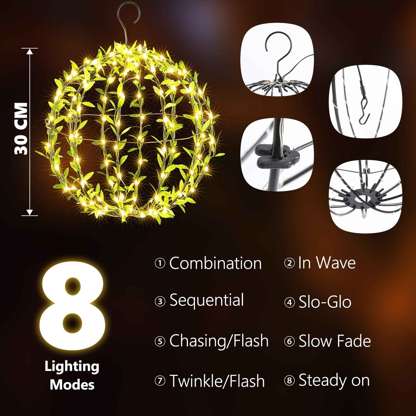 Flacchi Hanging Iron Sphere Lights with Artificial Greenery – 12Inch 120 LED Waterproof Outdoor/Indoor Decor Ball Light with Timer & 8 Modes – 2 Pack for Garden, Christmas, Weddings (Warm White)