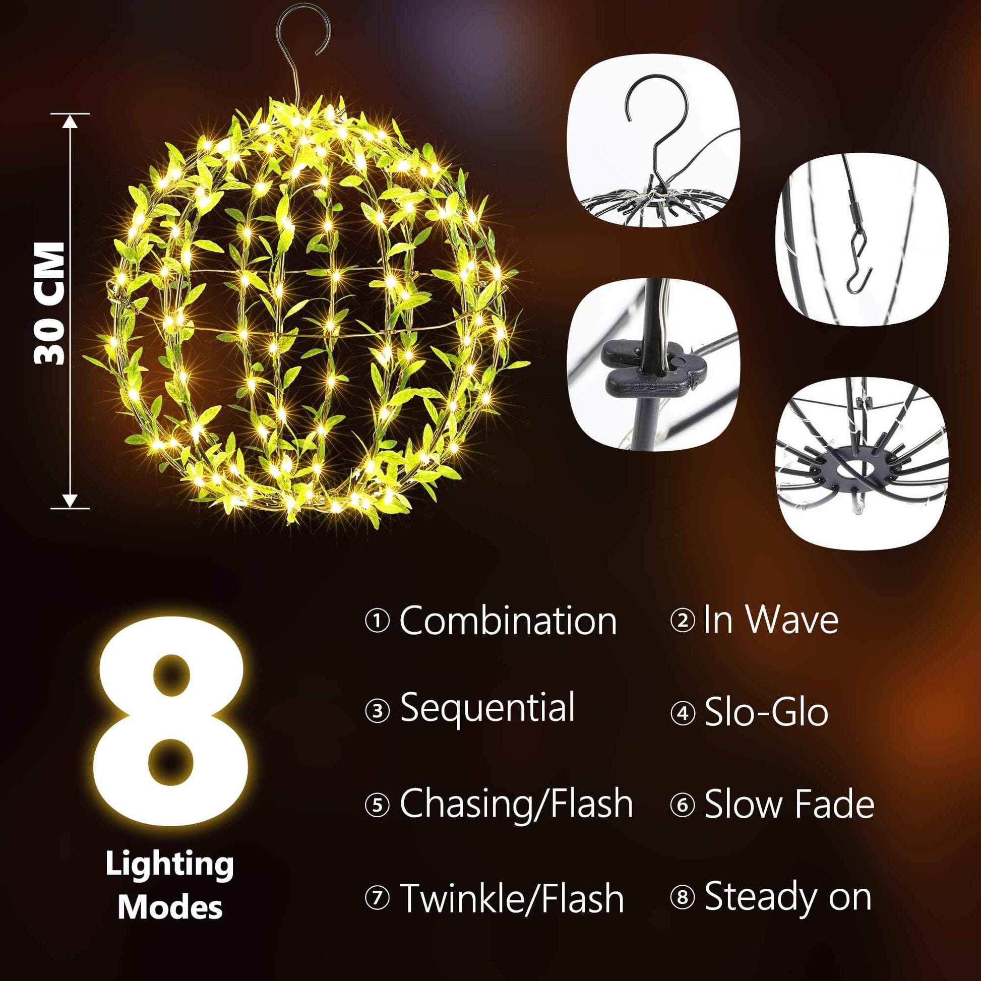 Flacchi Hanging Iron Sphere Lights with Artificial Greenery – 12Inch 120 LED Waterproof Outdoor/Indoor Decor Ball Light with Timer & 8 Modes – 2 Pack for Garden, Christmas, Weddings (Warm White)