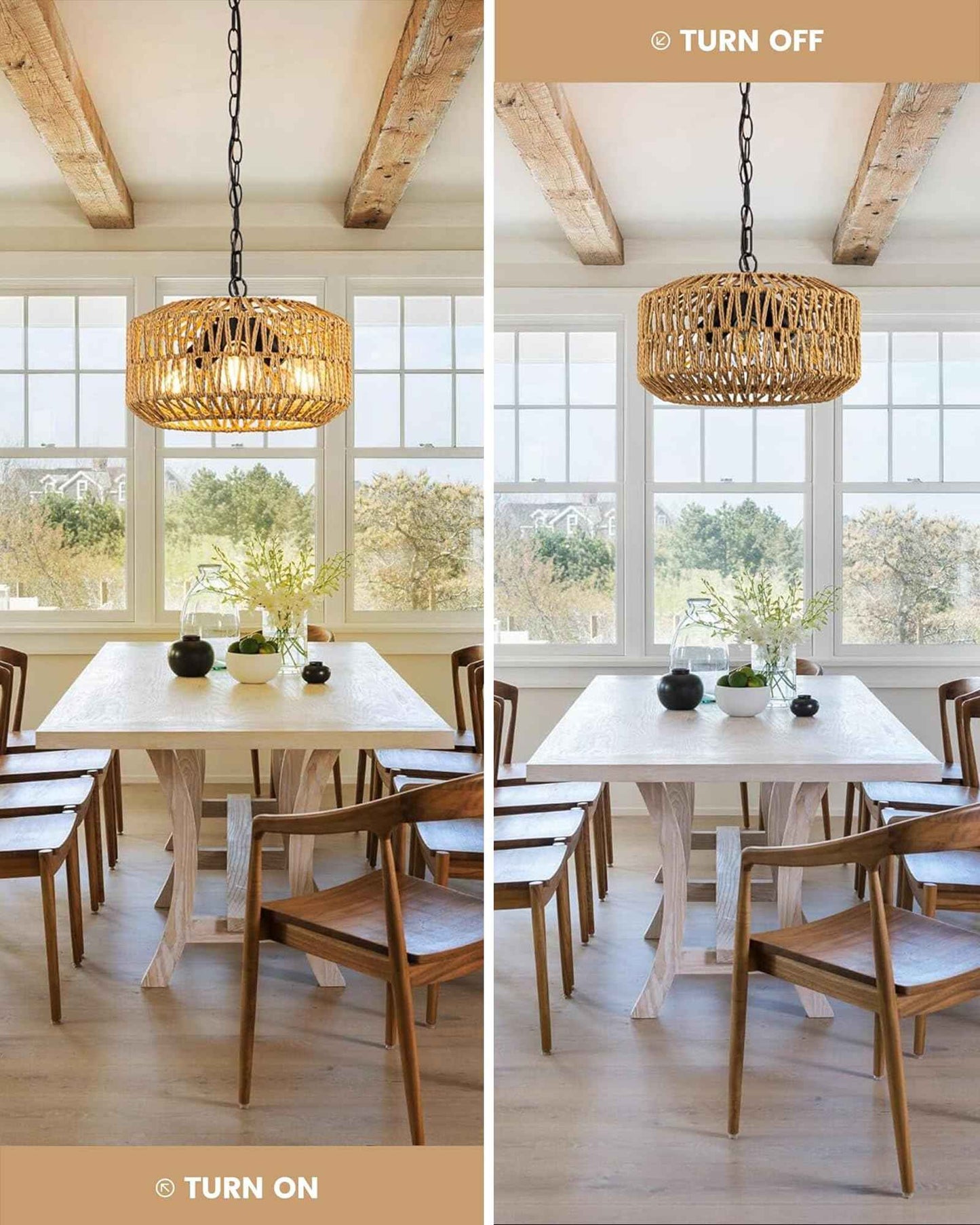 Boho Rattan Chandelier, 3-Lights Farmhouse Hanging Pendant Light, 11.8" Rustic Wicker Woven Chandeliers for Living Room, Kitchen Island(No E26 Bulbs, Not Exceeding 4.3")
