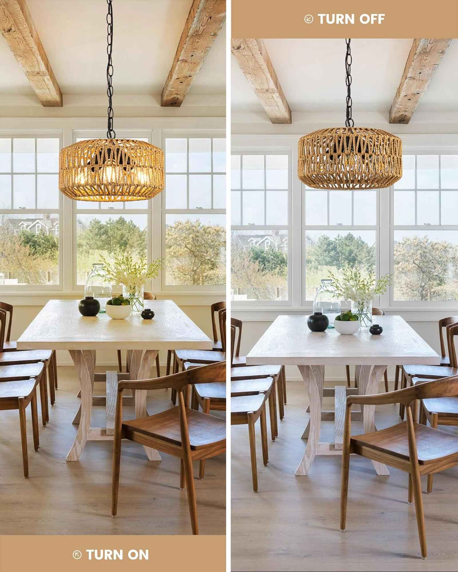 Boho Rattan Chandelier, 3-Lights Farmhouse Hanging Pendant Light, 11.8" Rustic Wicker Woven Chandeliers for Living Room, Kitchen Island(No E26 Bulbs, Not Exceeding 4.3")