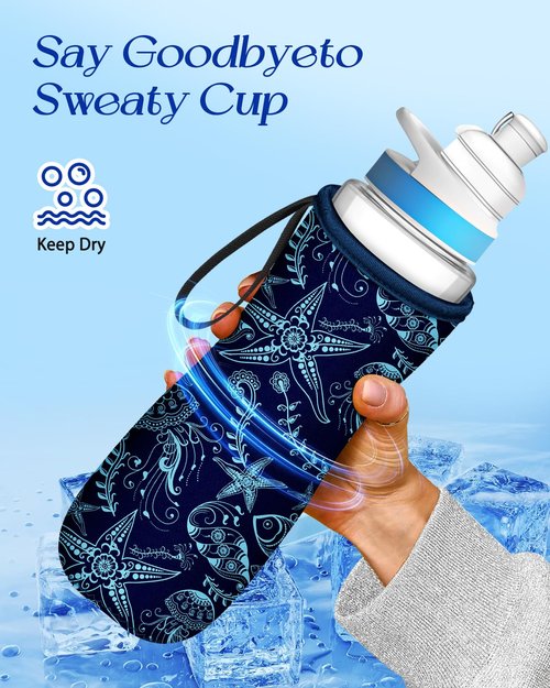 Toykee Water Bottle Sleeve for Cirkul 32 oz - 2 Pack Bottle Cover Holder Carrier with Handle Strap Navy Blue Shark Ocean Marine Print for Kids