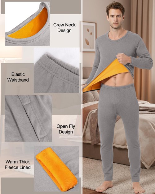 Patelai 2 Pack Mens Thermal Underwear Set Fleece Lined Underwear Shirt and Pants Set Base Layer Top and Bottom Cold Weather(Black/light Gray,Small)