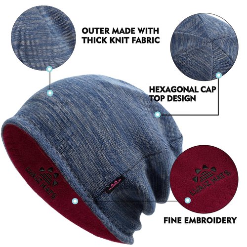 3 Pack Reversible Winter Fleece Lined Beanie Hats for Men Women Warm Windproof Cotton Stretchy Knitted Skull Caps