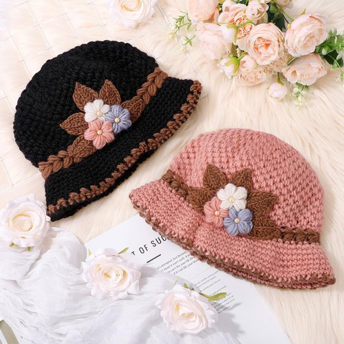 Chicingyou 2 Pack French Thicken Women's Flower Knitted Woolen Hat Winter Warm Windproof Crochet Bucket Beanie for Women Pink and Black