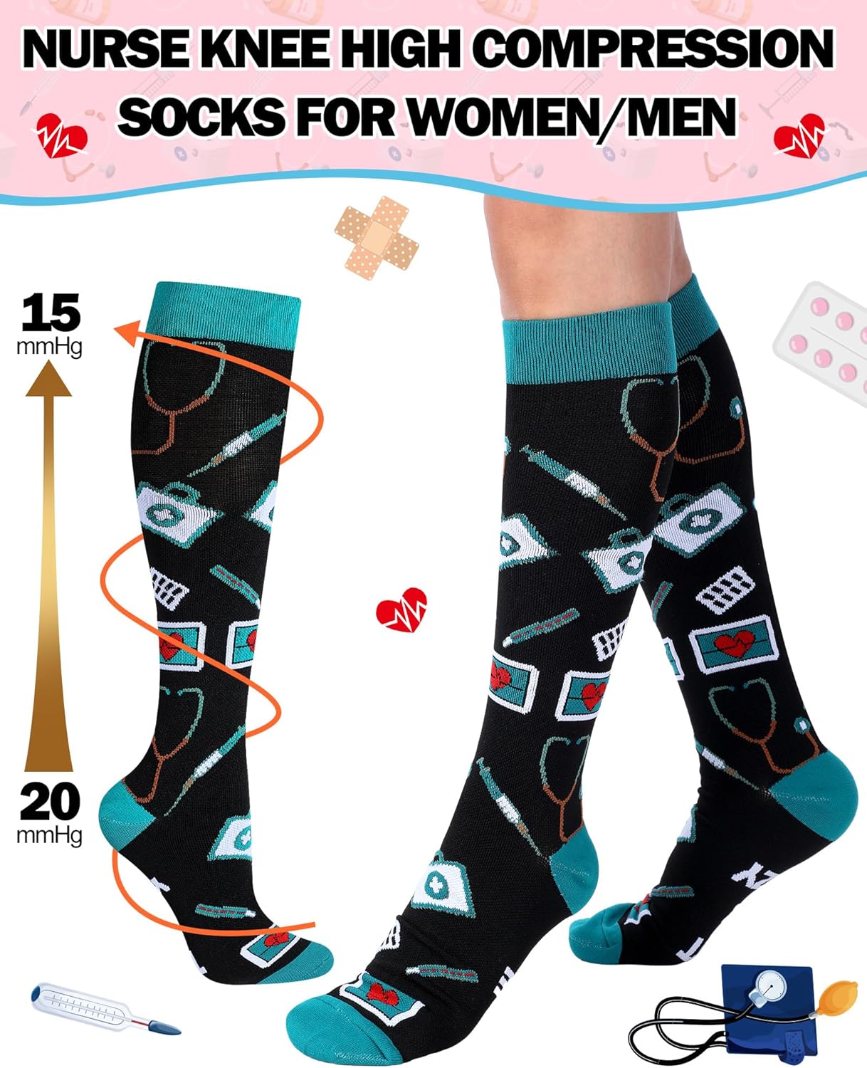 Skiennix Nurse Compression Socks - 15-20 mmHg Knee High Support for Circulation | 6 Pairs Ideal for Medical Staff