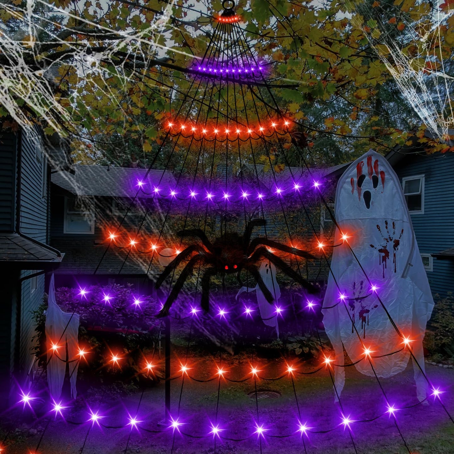 Anycosy Halloween Lights Decoration, 10 FT×10 FT 110 LED Spider Web with Remote Control and Timer, Orange and Purple Halloween Light Outdoor 8 Modes for Decor
