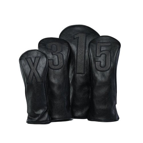 Golf Club Covers – Blackout Leather Driver Headcover, Fairway Wood, 3 Wood, Hybrid, Fits Mallet Blade Putter Head Covers Alignment Stick Cover (Set)
