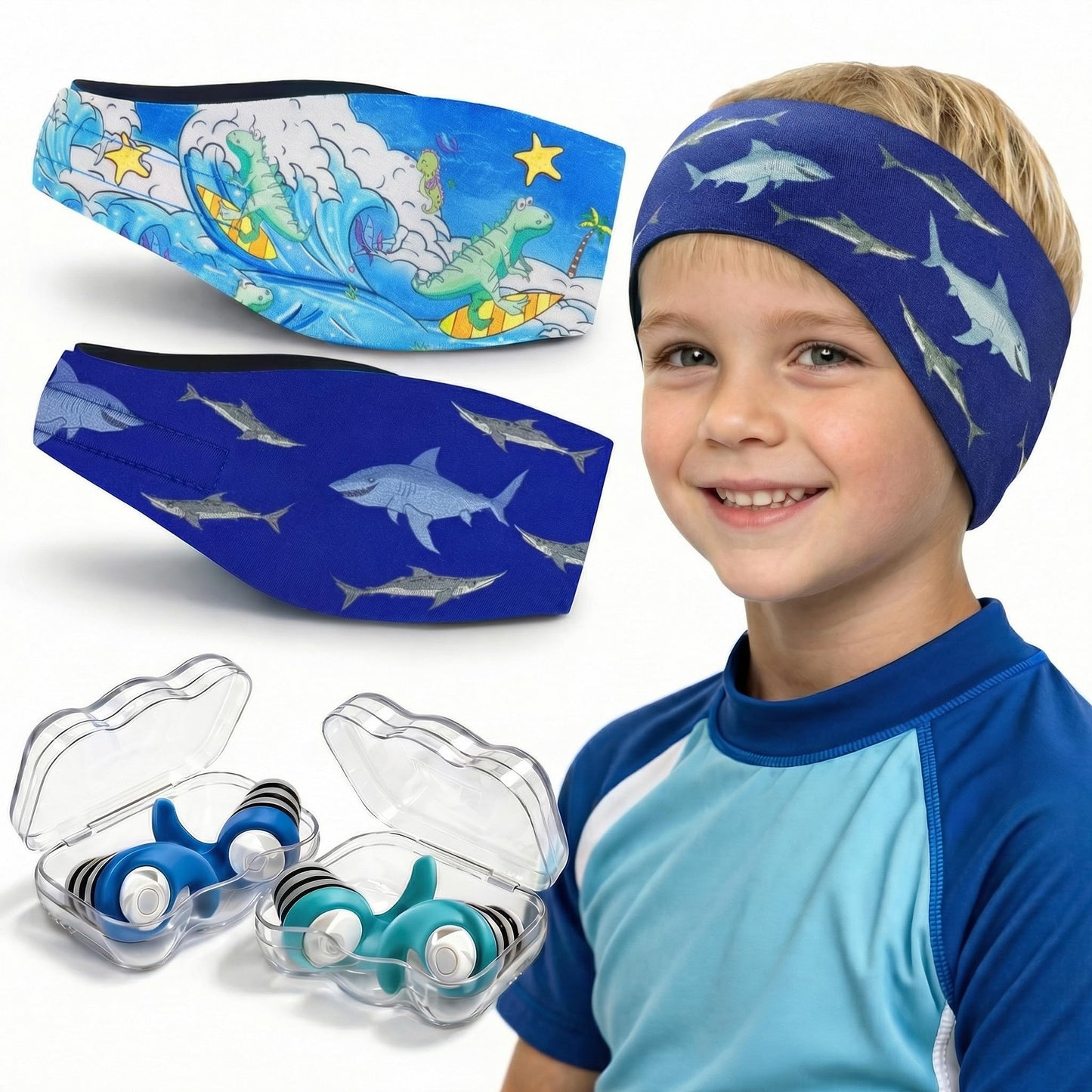 Swimming Headband for Kids - 2 Pairs Waterproof Ear Plugs & Adjustable Swim Ear Band,Keep Water Out and Hold Earplugs in - Water Headband for Surfing, Diving, Pool, Showering, and Beach