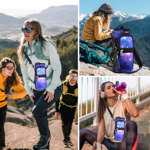 AUPET Water Bottle Sling Bag Sleeve Holder Carrier 25/32/40/64 oz,Insulated Crossbody Water Bottle Case Cover with Strap and Pockets for Men/Women Walking Hiking Camping (32oz, Purple Starry Sky)