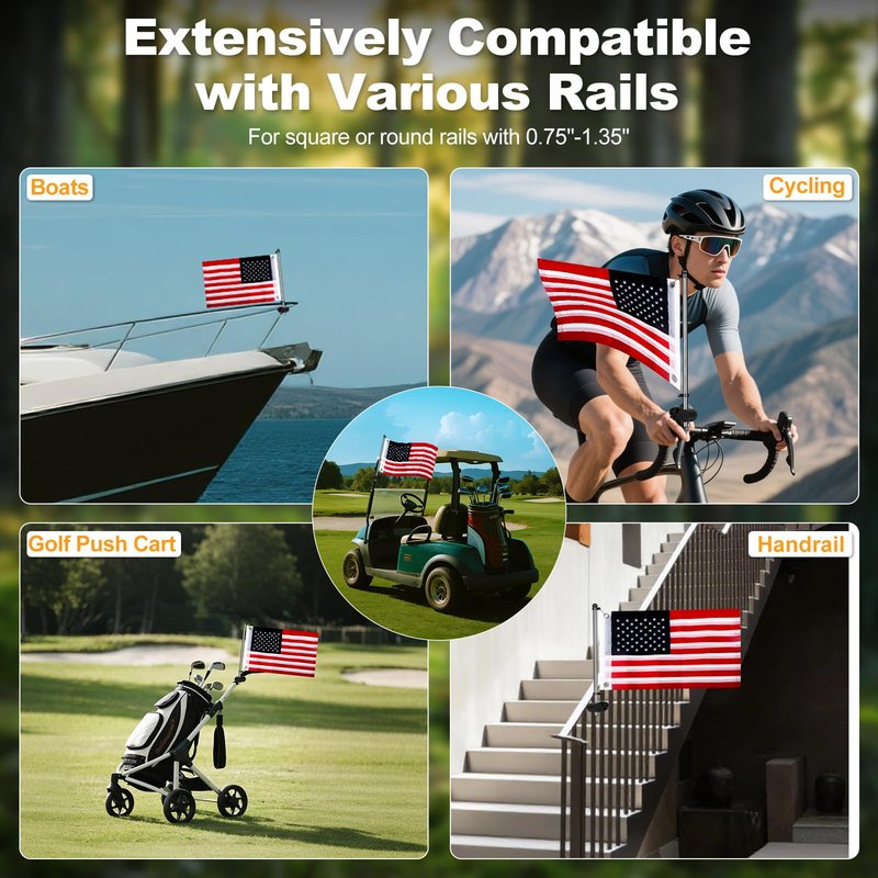 Universal Golf Cart Flag Pole 2pcs, Flag Pole Kit for YamahaEZGOClub CarBoat\UTVATV ,Flag Holder Bracket with 0.59"-1.25" Round Square Rails,Heavy Duty ABS Plastic Base Windproof Bracket,Included USA Flag,2pcs USA Flag Included