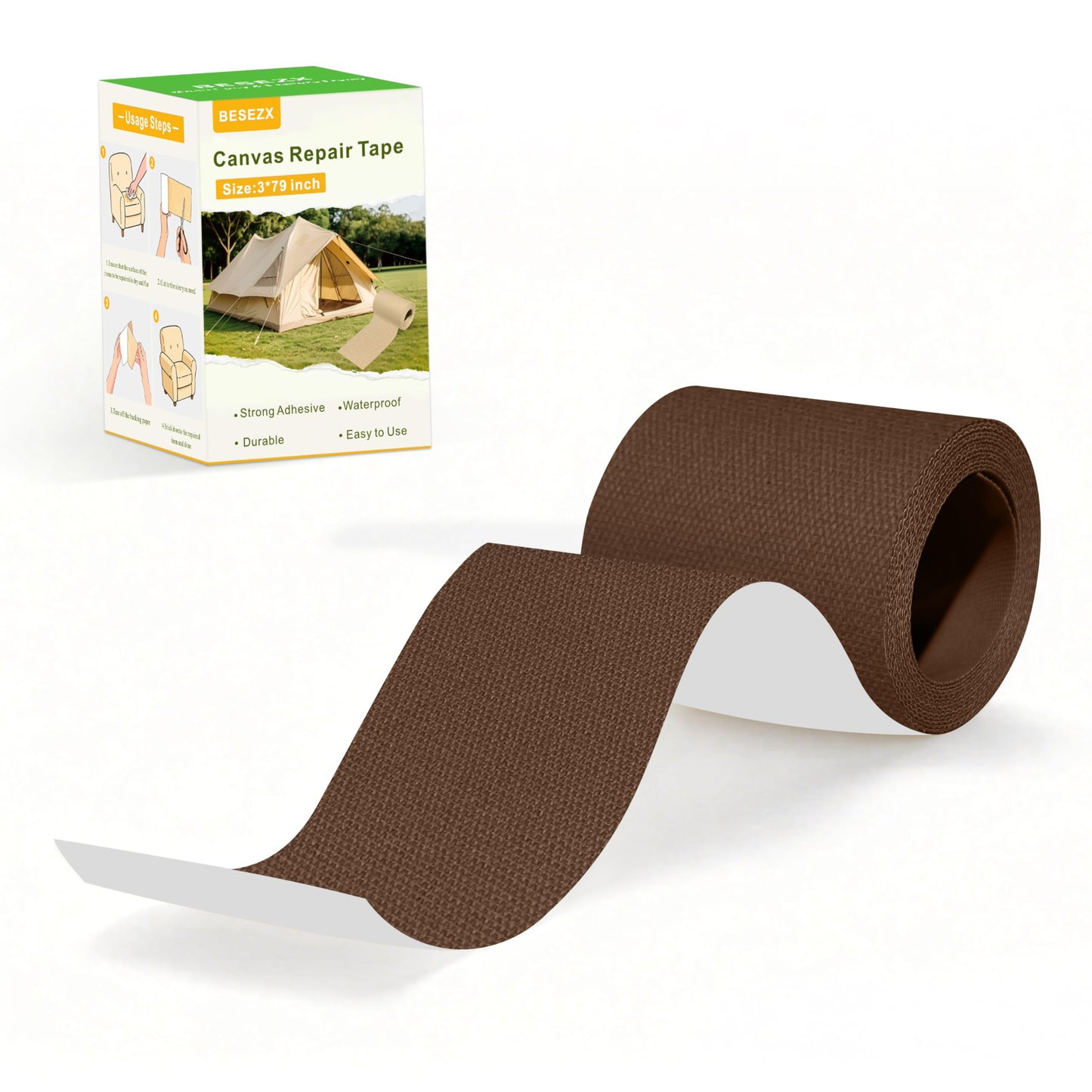 Besezx Canvas Repair Tape,Outdoor Gear Patch, 3x79 Inches,Waterproof Self-Adhesive Fabric Repair Tape for Repairing Boat Covers,Sun Shades,Sofas,Tents,Lounge Chairs,Awnings (Brown)