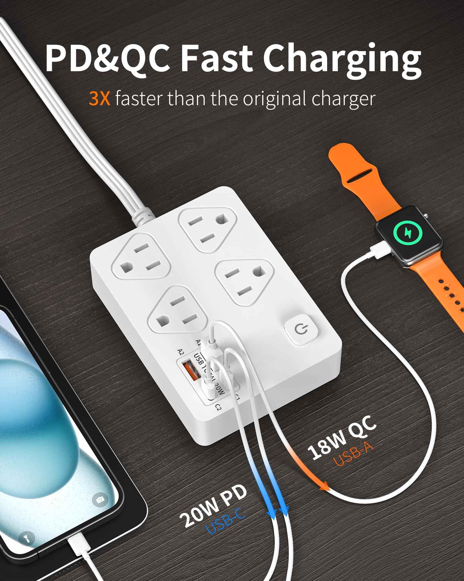VPSUN Power Strip Surge Protector with 20W USB C Ports,6Ft Flat Plug Extension Cord Wall Mount 4 Outlets Extender,Fast USB Charging Station 1080J (White)