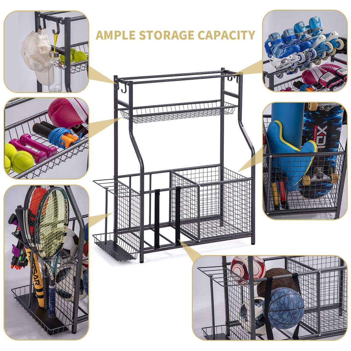 toutnd Garage Sports Equipment Storage Organizer with Baskets and Hooks - Easy to Assemble - Sports Ball Gear Rack Holds Basketballs, Baseball Bats, Footballs, Tennis Rackets and More (Black Rigid)